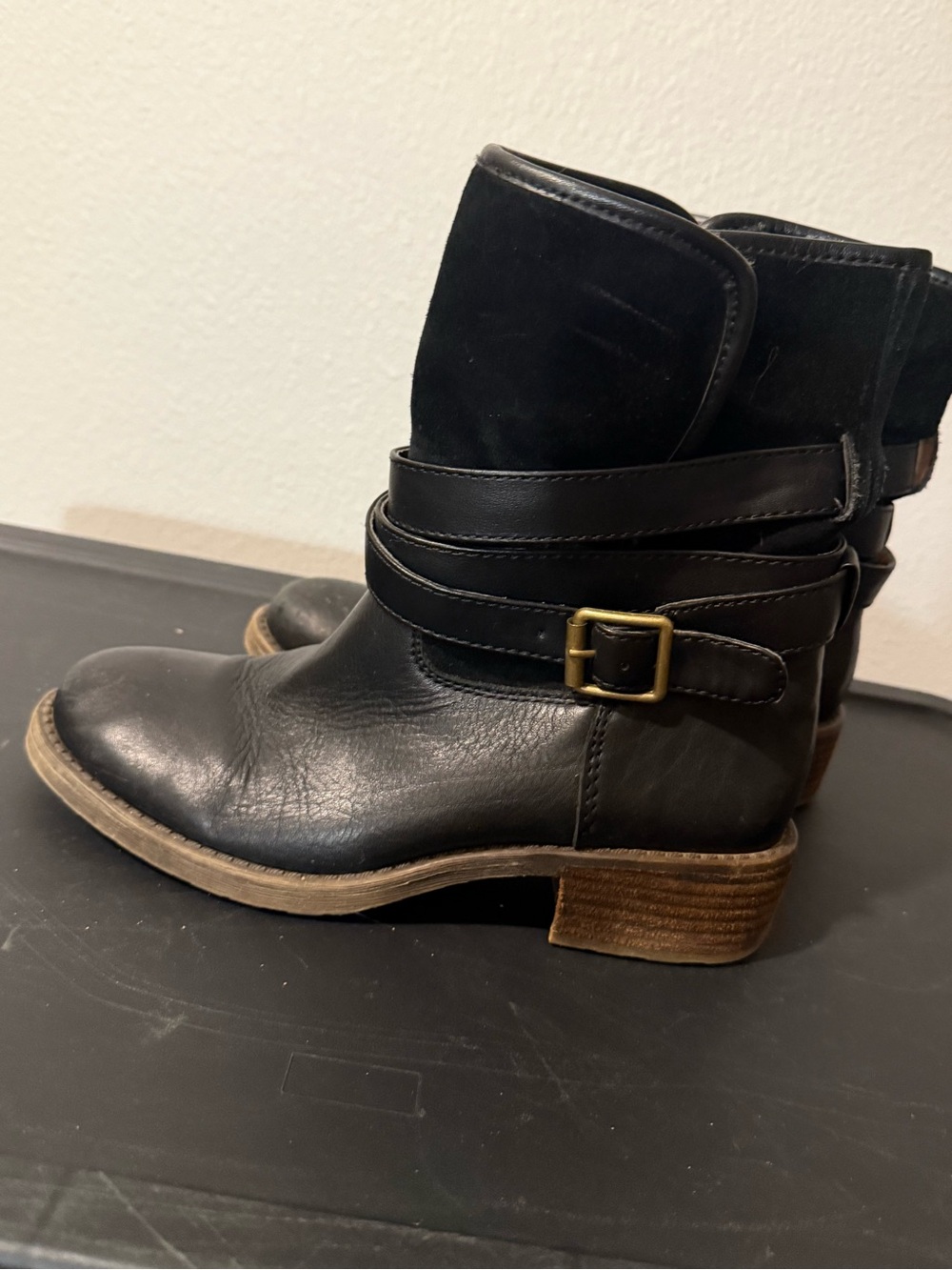 Lucky Brand Black Leather Ankle Boots with Buckle Strap